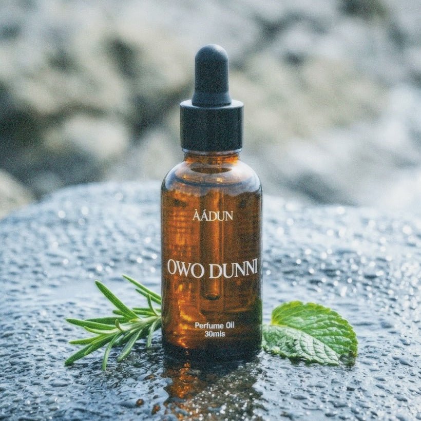 A small amber glass dropper bottle labeled AADUN OWO DUNNI perfume oil sits on a wet dark surface with sprigs of rosemary and mint leaves, against a blurred outdoor rocky background.