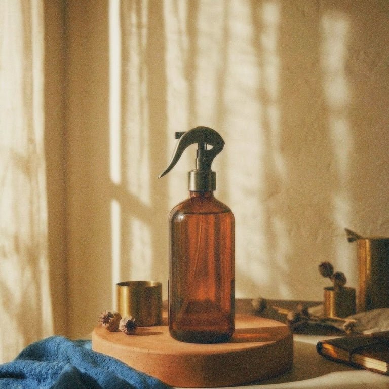 An amber glass spray bottle with a black trigger sprayer, displayed on a round wooden pedestal in a warm, sunlit room with textured walls and window shadows.
